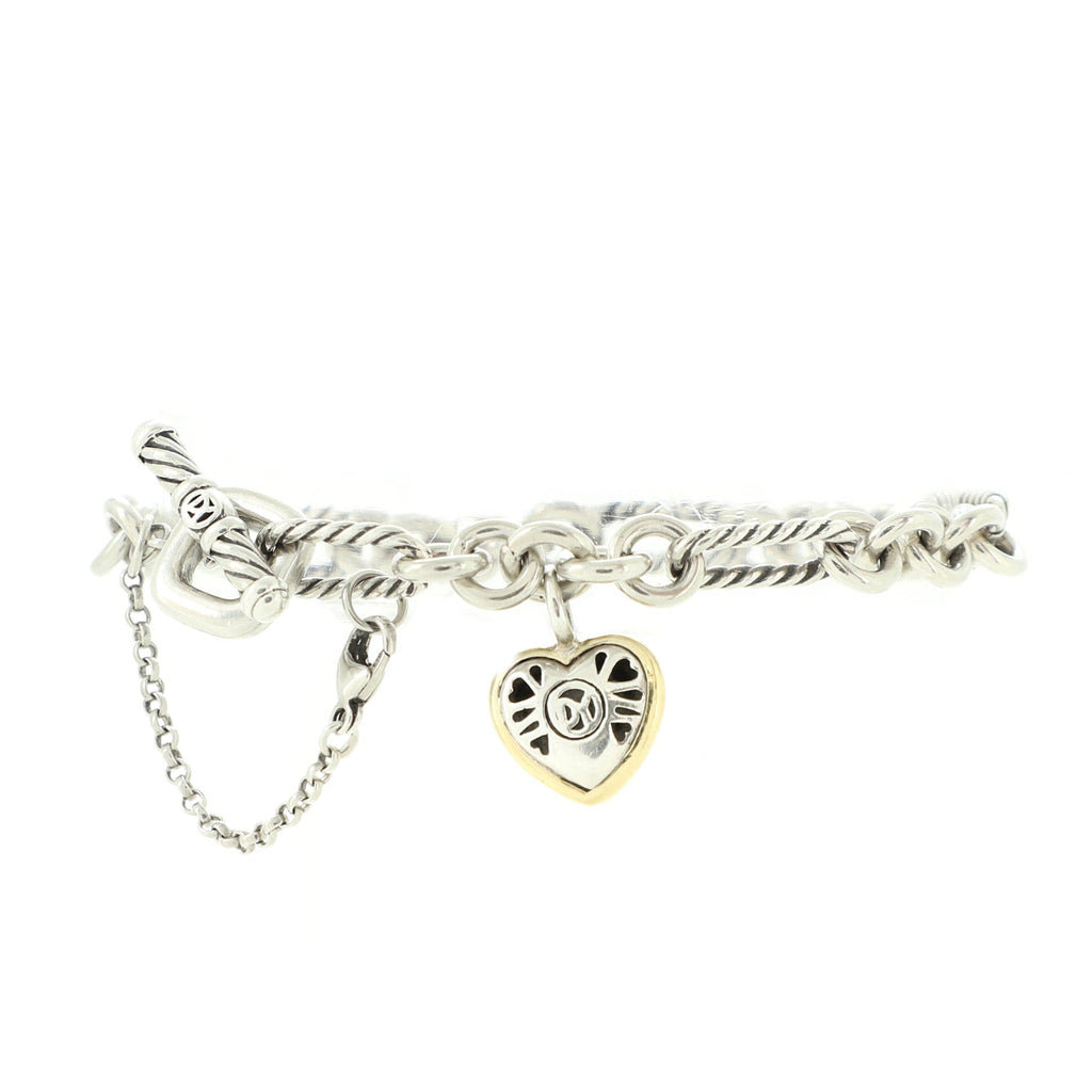 Cable Heart Charm Bracelet Sterling Silver with 18K Yellow Gold