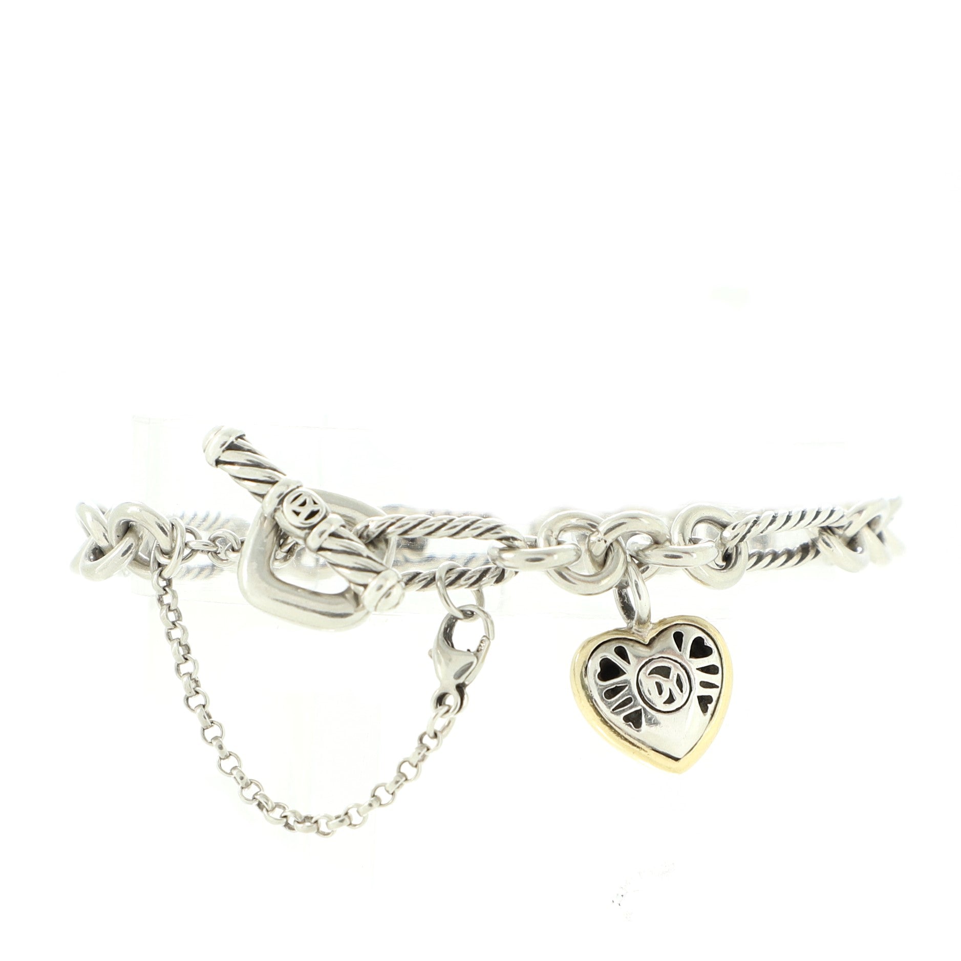 Cable Heart Charm Bracelet Sterling Silver with 18K Yellow Gold