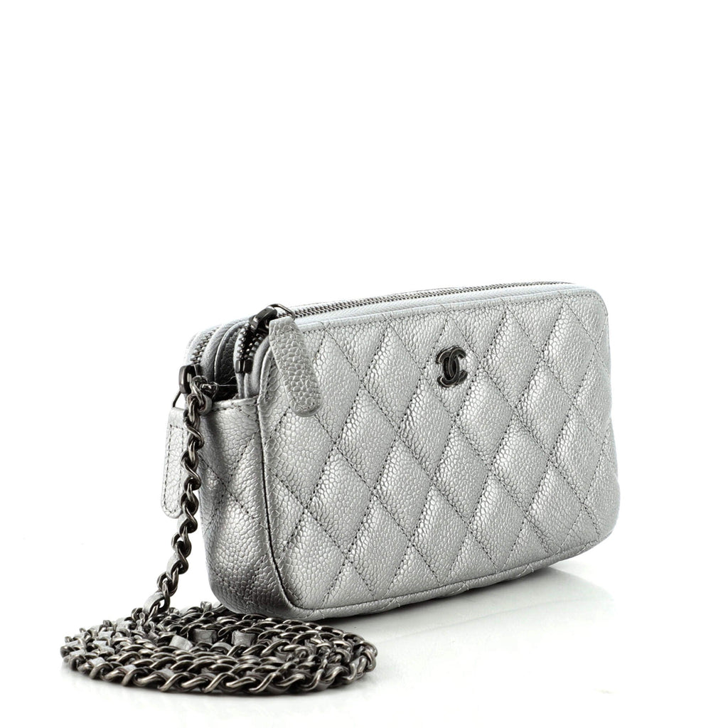 Double Zip Clutch with Chain Quilted Caviar