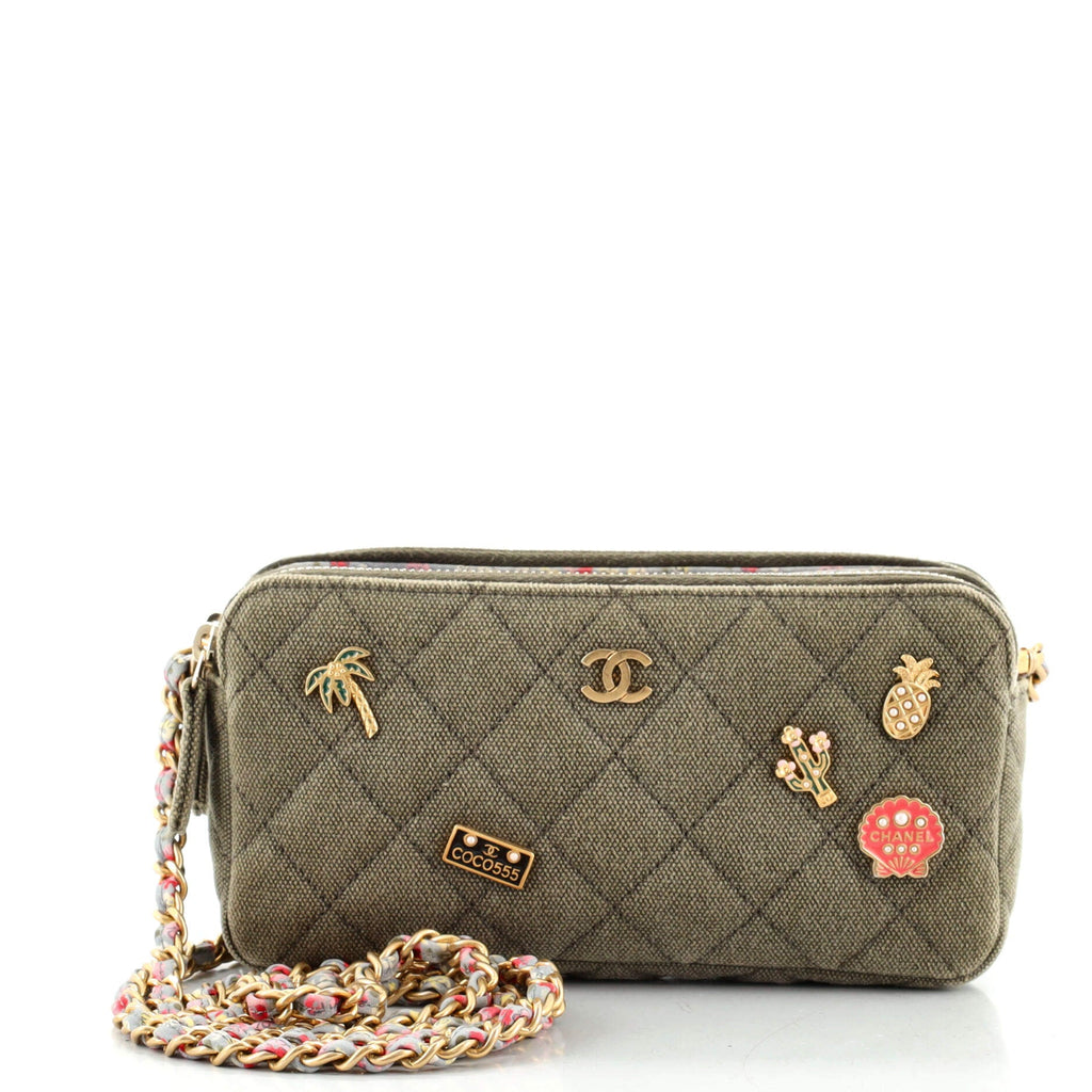 Cuba Charms Double Zip Clutch with Chain Quilted Canvas