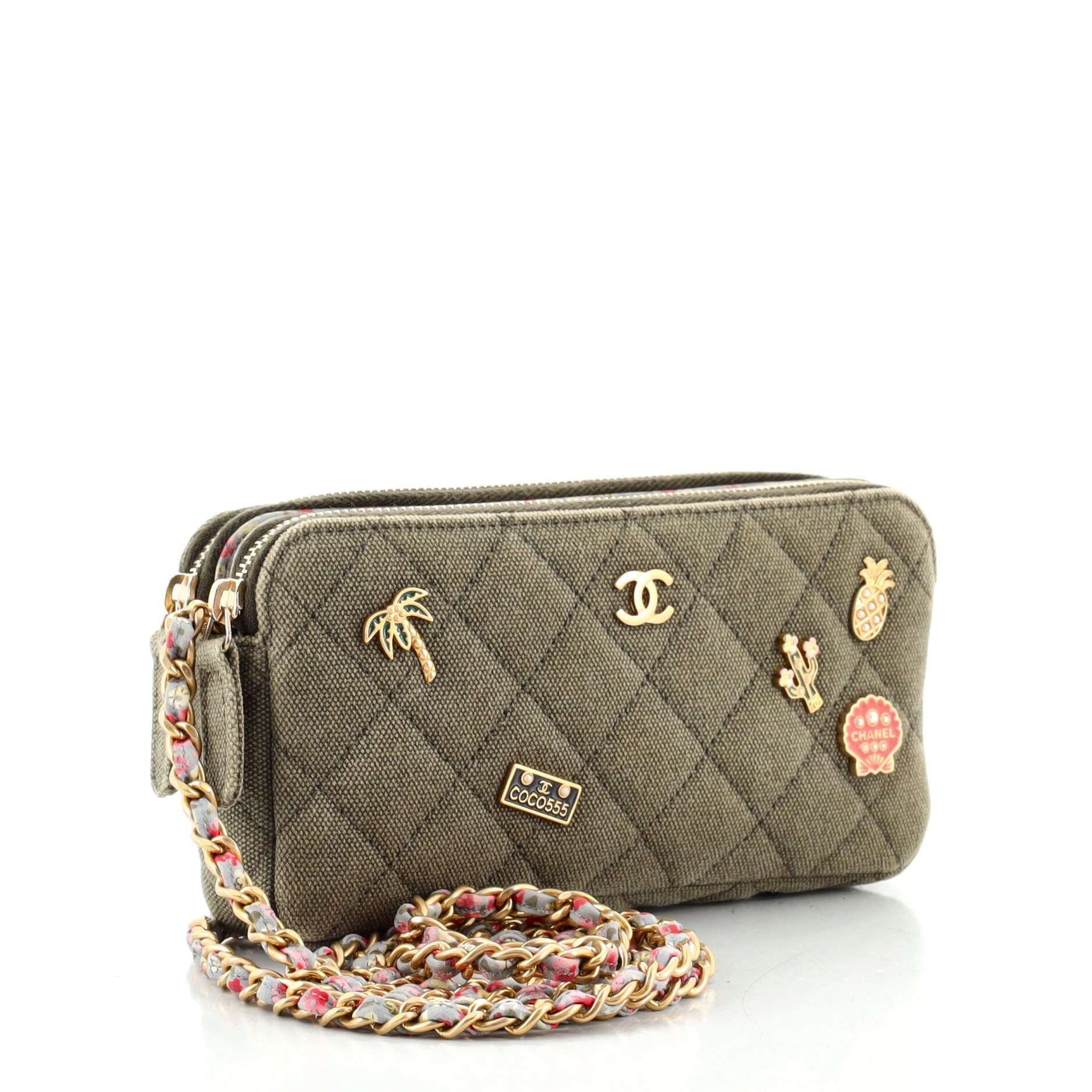 Cuba Charms Double Zip Clutch with Chain Quilted Canvas