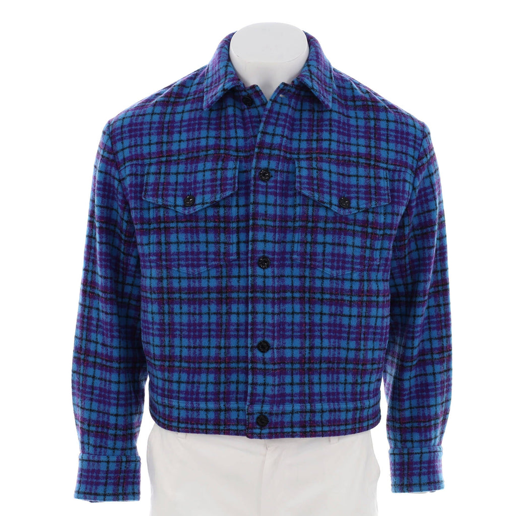 Men's Cropped Flannel Blouson Trucker Jacket Wool Blend