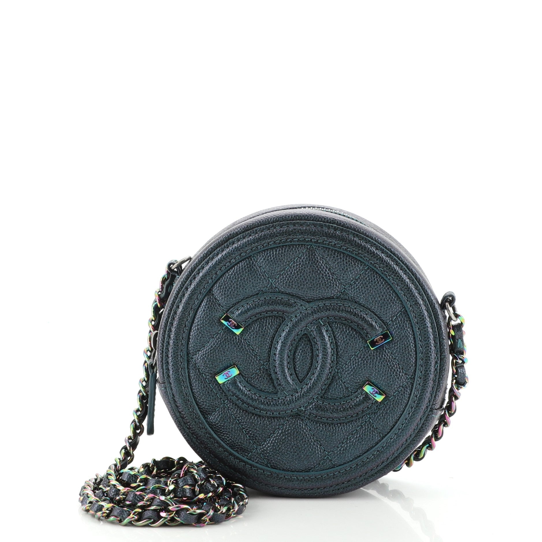 Filigree Round Clutch with Chain Quilted Iridescent Caviar Mini