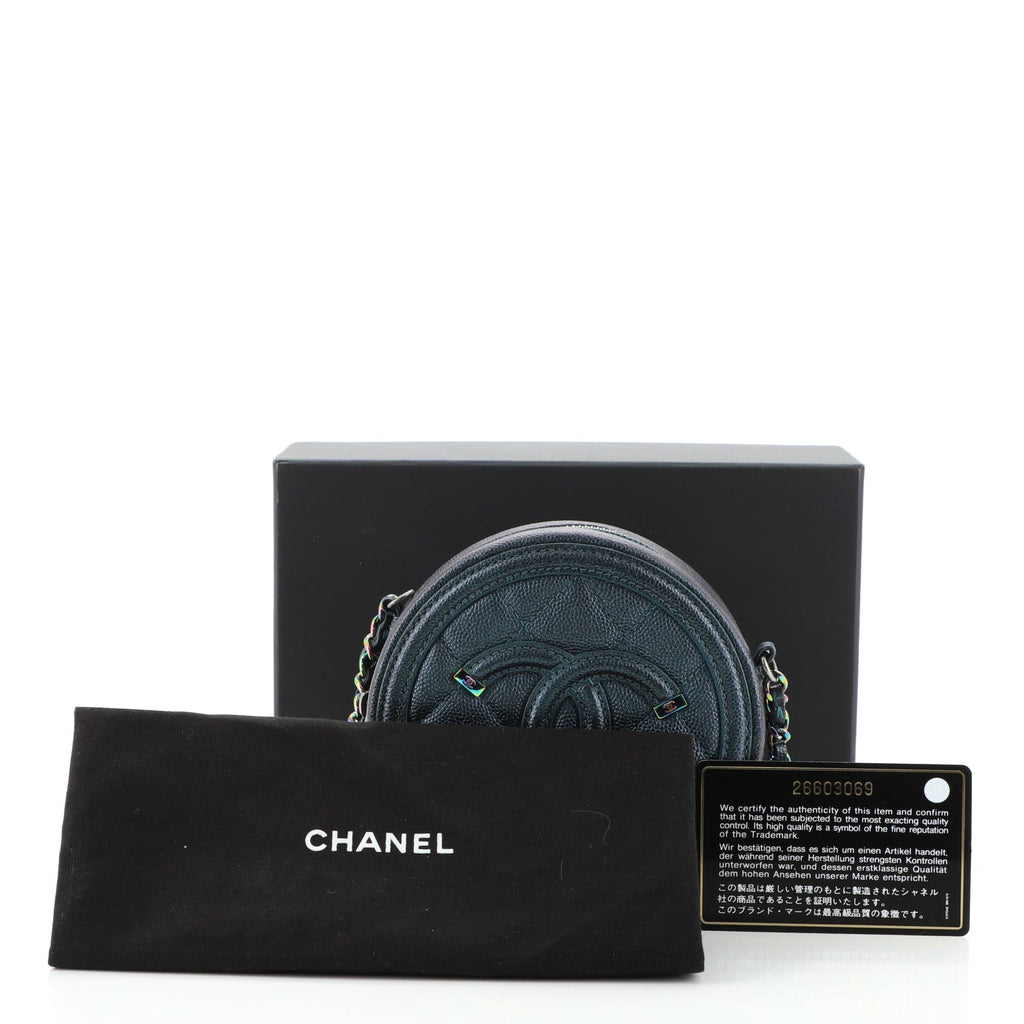 Filigree Round Clutch with Chain Quilted Iridescent Caviar Mini