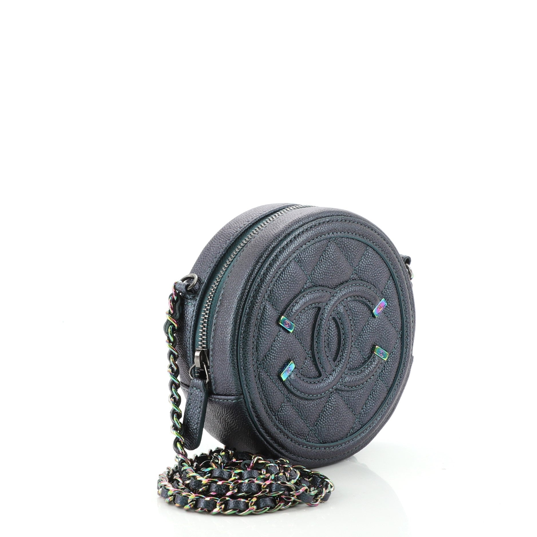 Filigree Round Clutch with Chain Quilted Iridescent Caviar Mini
