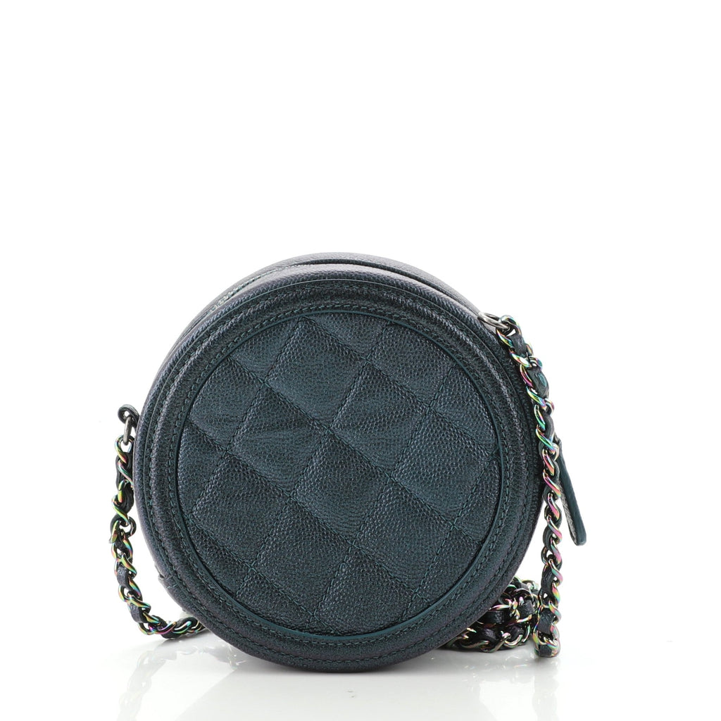 Filigree Round Clutch with Chain Quilted Iridescent Caviar Mini