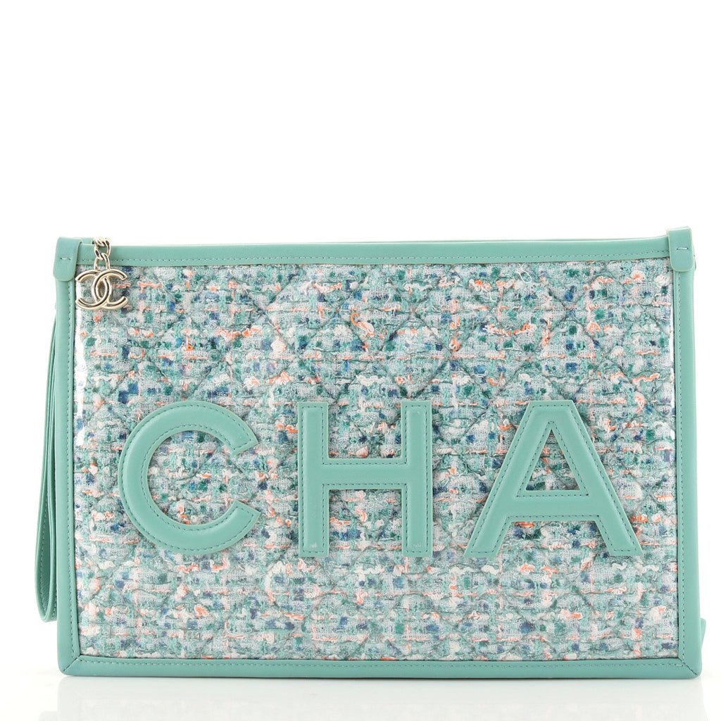 Logo Wristlet Clutch PVC Over Quilted Tweed Large