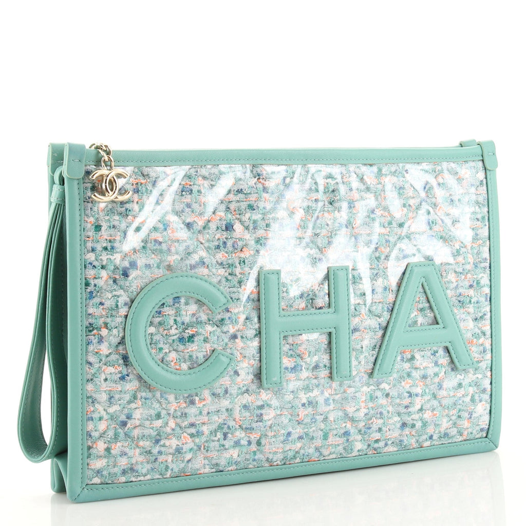 Logo Wristlet Clutch PVC Over Quilted Tweed Large