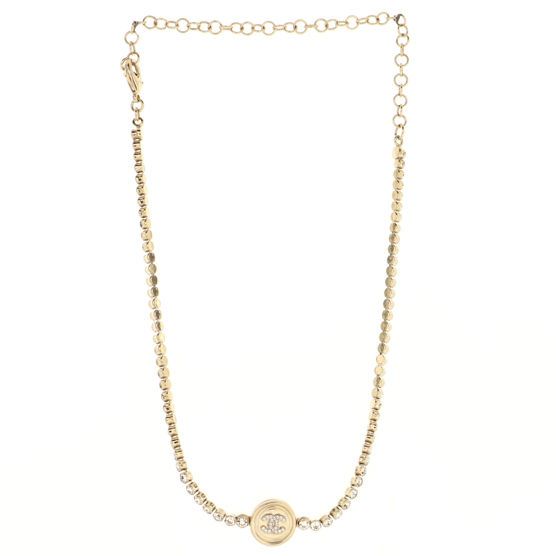 CC Round Button Choker Necklace Metal with Crystals
