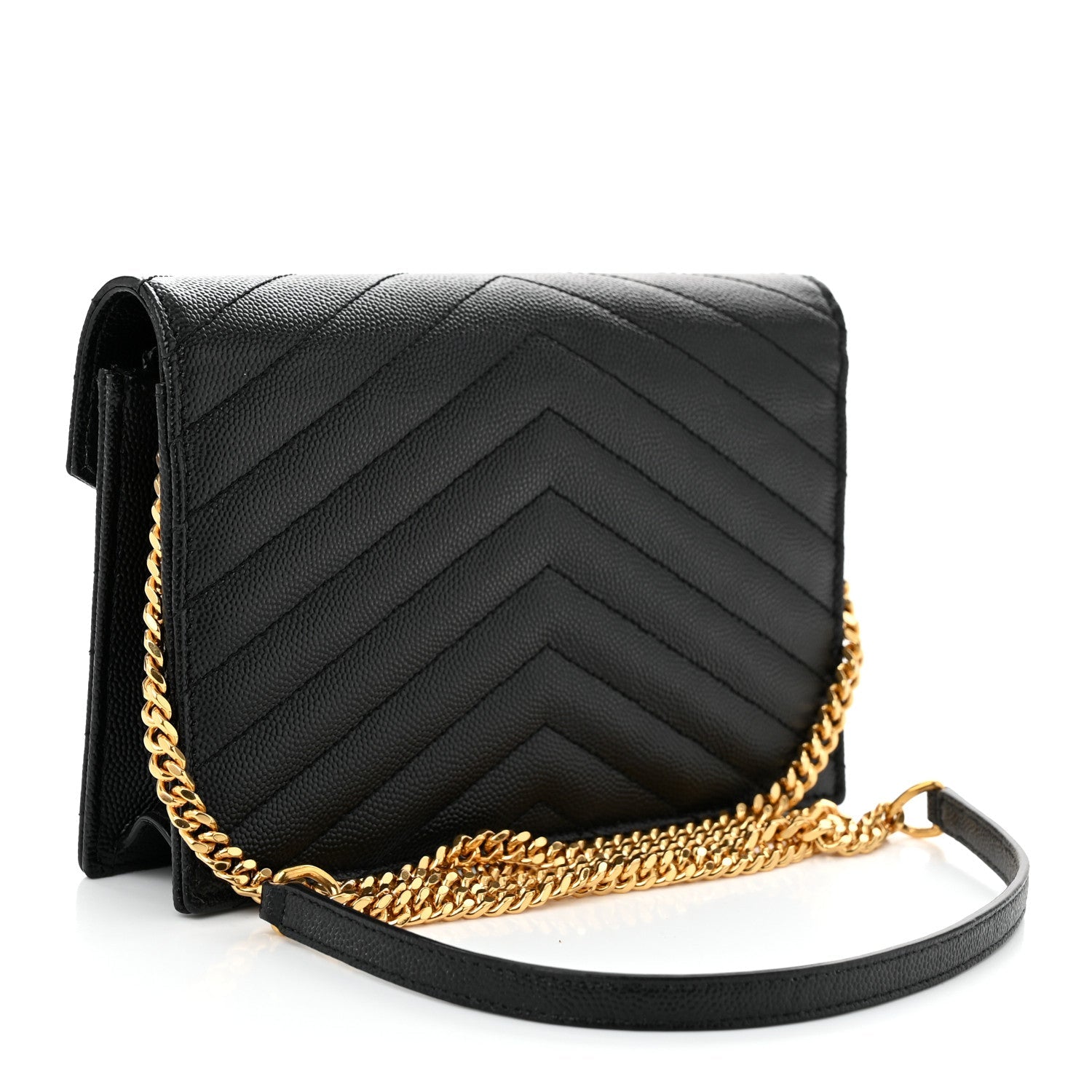 Grain De Poudre Matelasse Chevron Monogram Envelope Chain Wallet Black