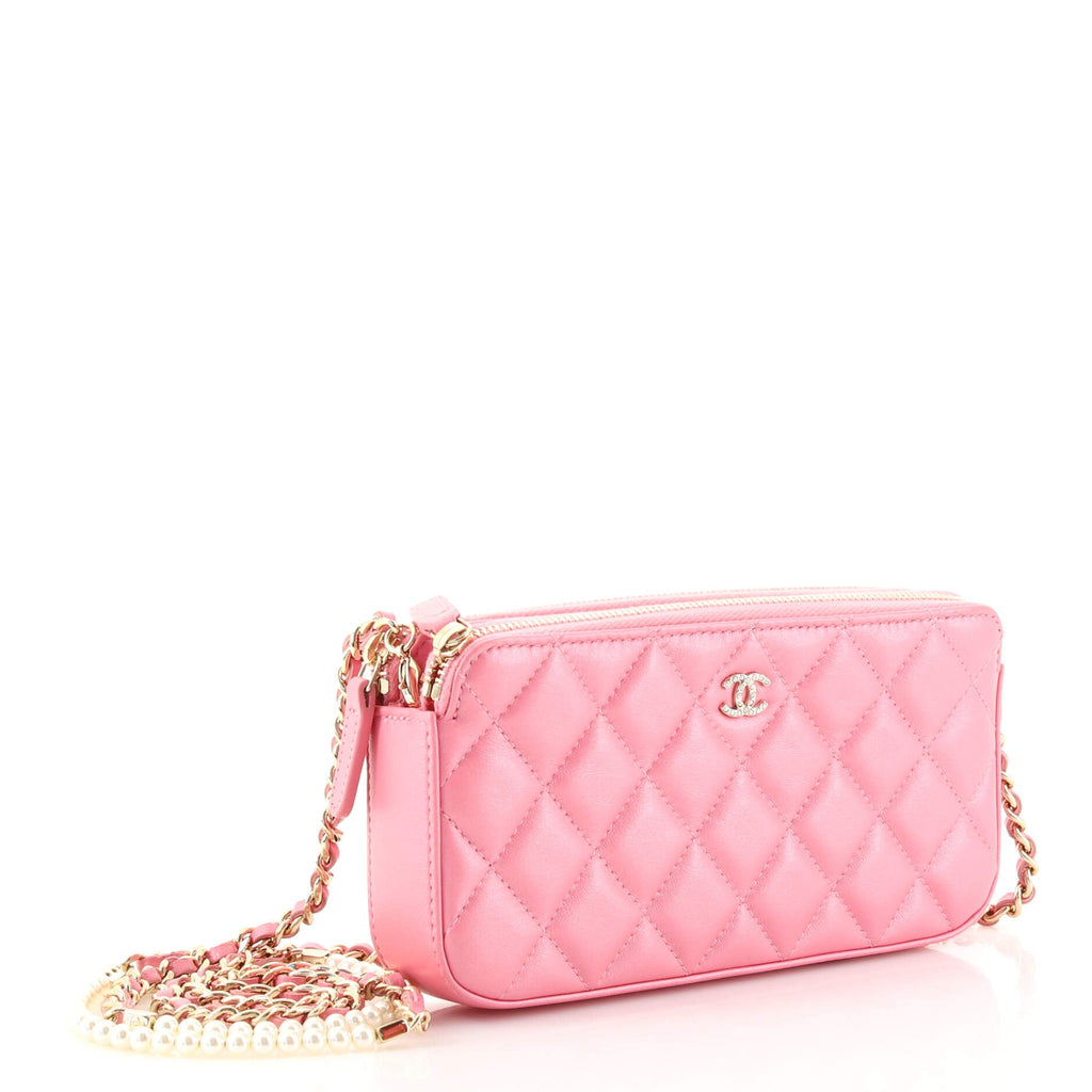 Double Zip Clutch with Pearl Chain Quilted Lambskin