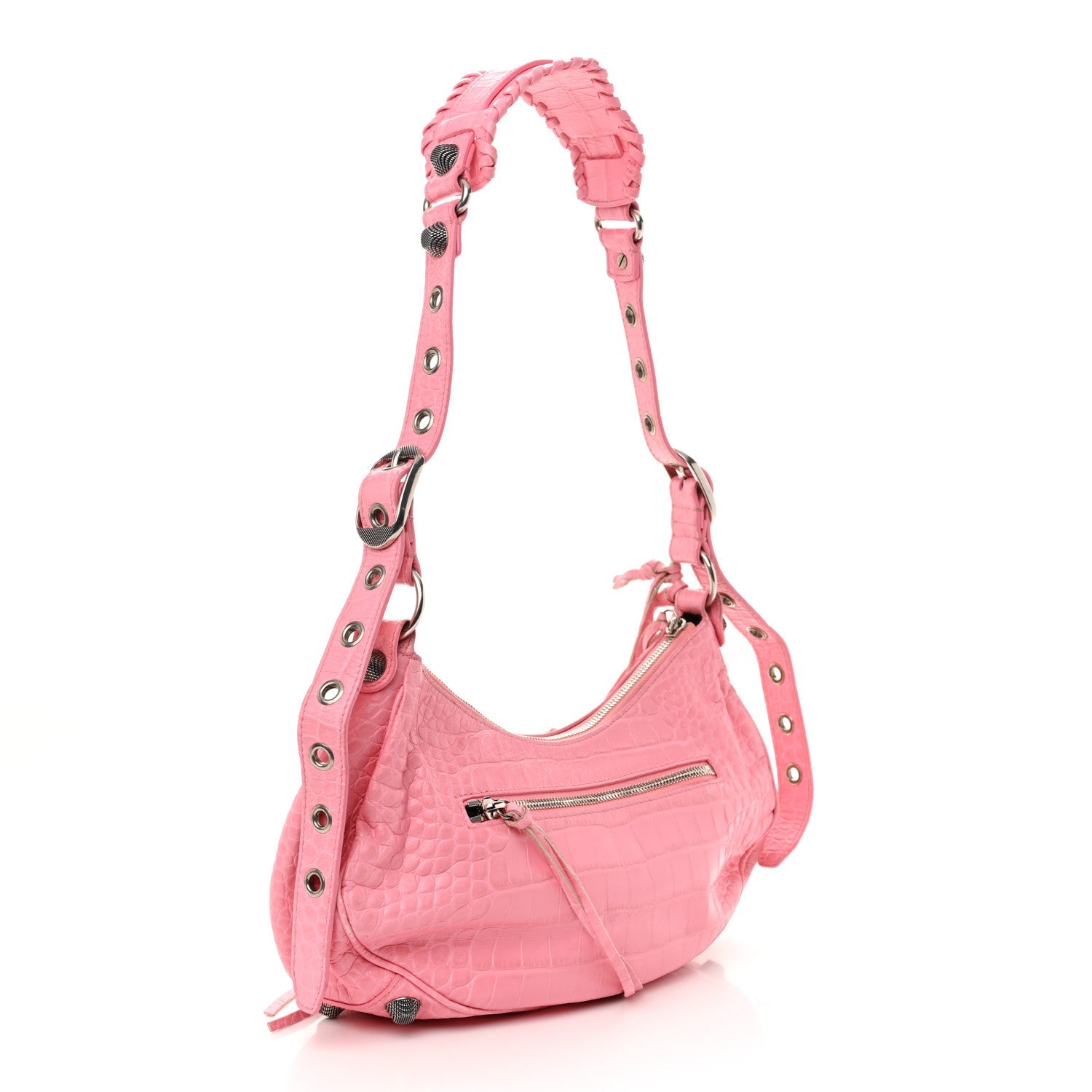 Extra Supple Calfskin Crocodile Embossed Small Le Cagole Shoulder Bag Sweet Pink