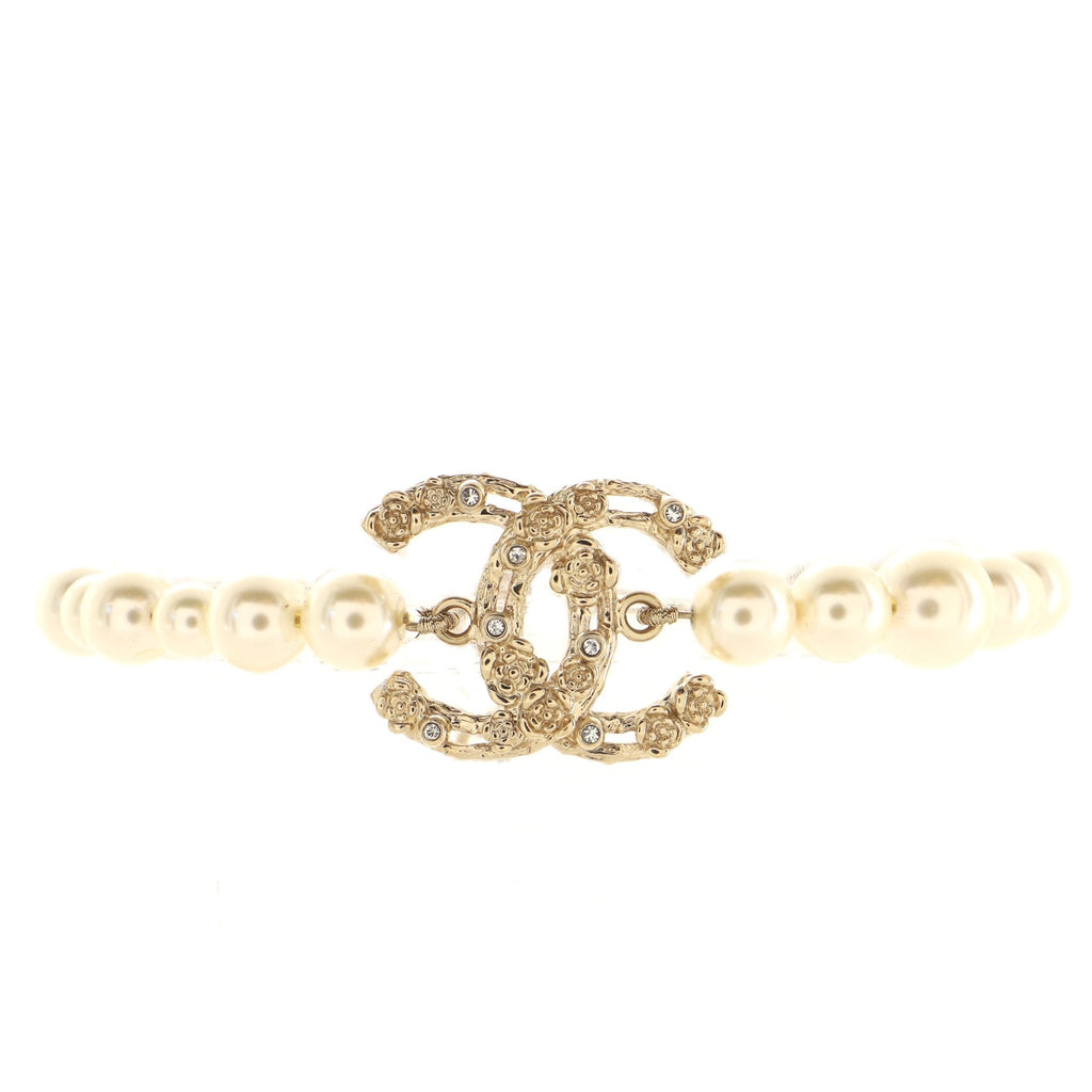 CC Charm Pearl Bracelet Faux Pearls and Crystal Embellished Metal