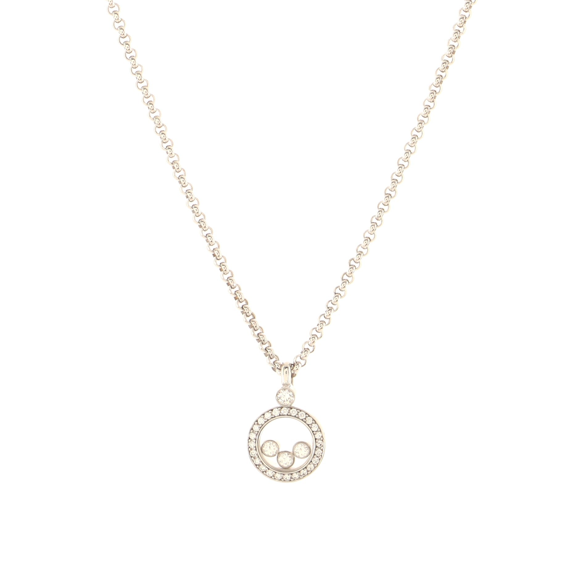 Happy Diamonds 3 Diamonds Round Pendant Necklace 18K White Gold and Diamonds