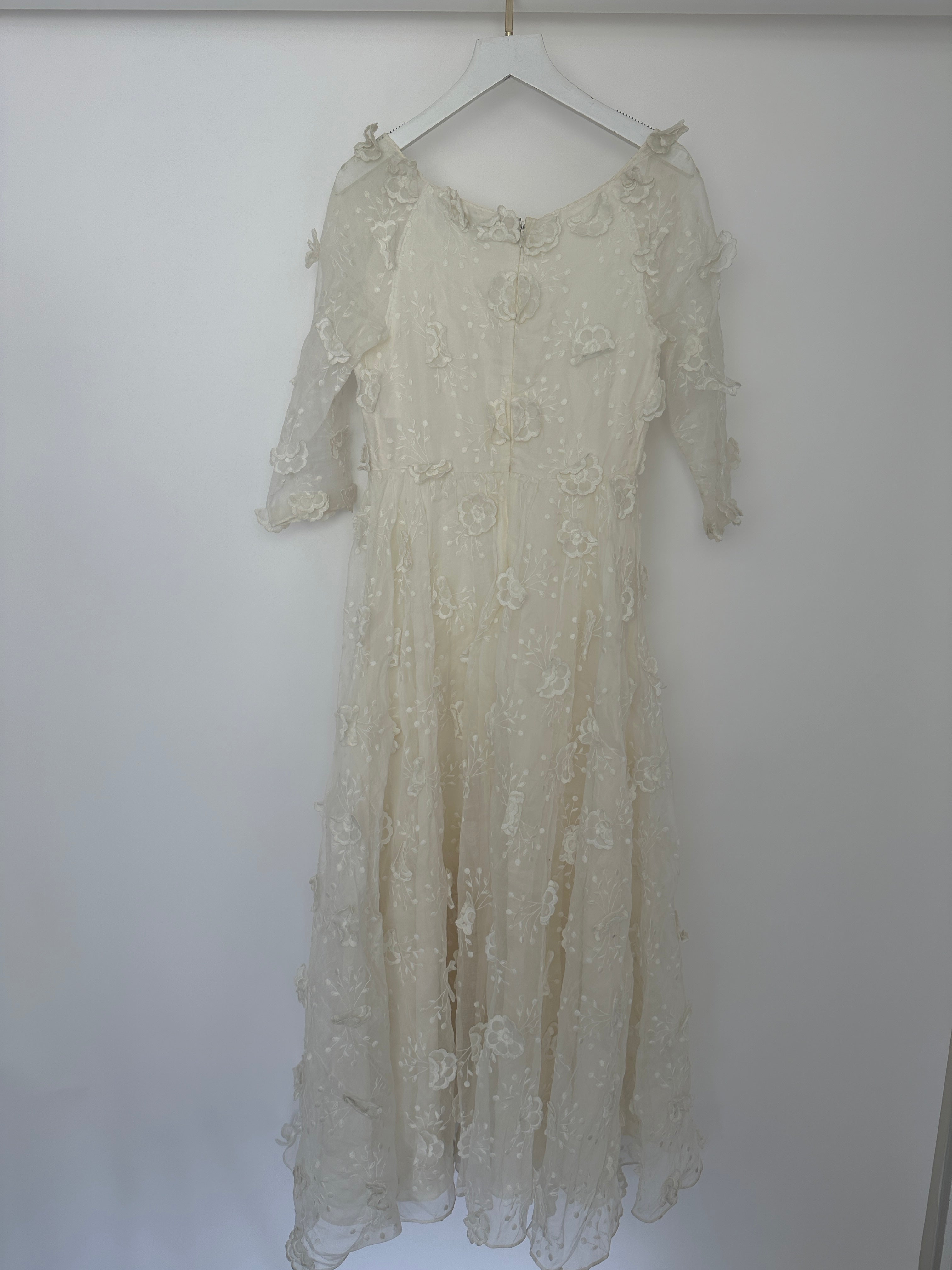 Christian Dior White Long Sleeve Maxi Dress with Floral Appliqué Detail Size FR 36 (UK 8)