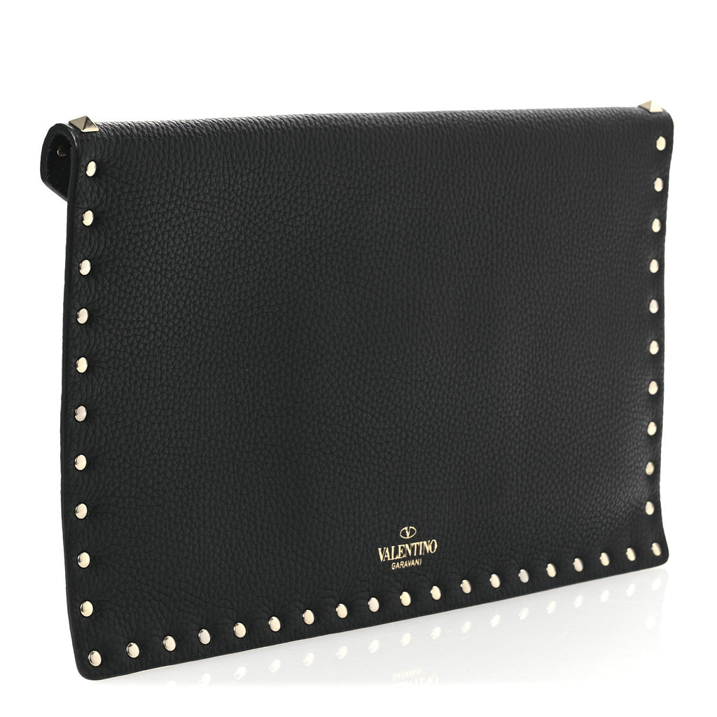 Pebbled Calfskin Large Rockstud Envelope Clutch Black