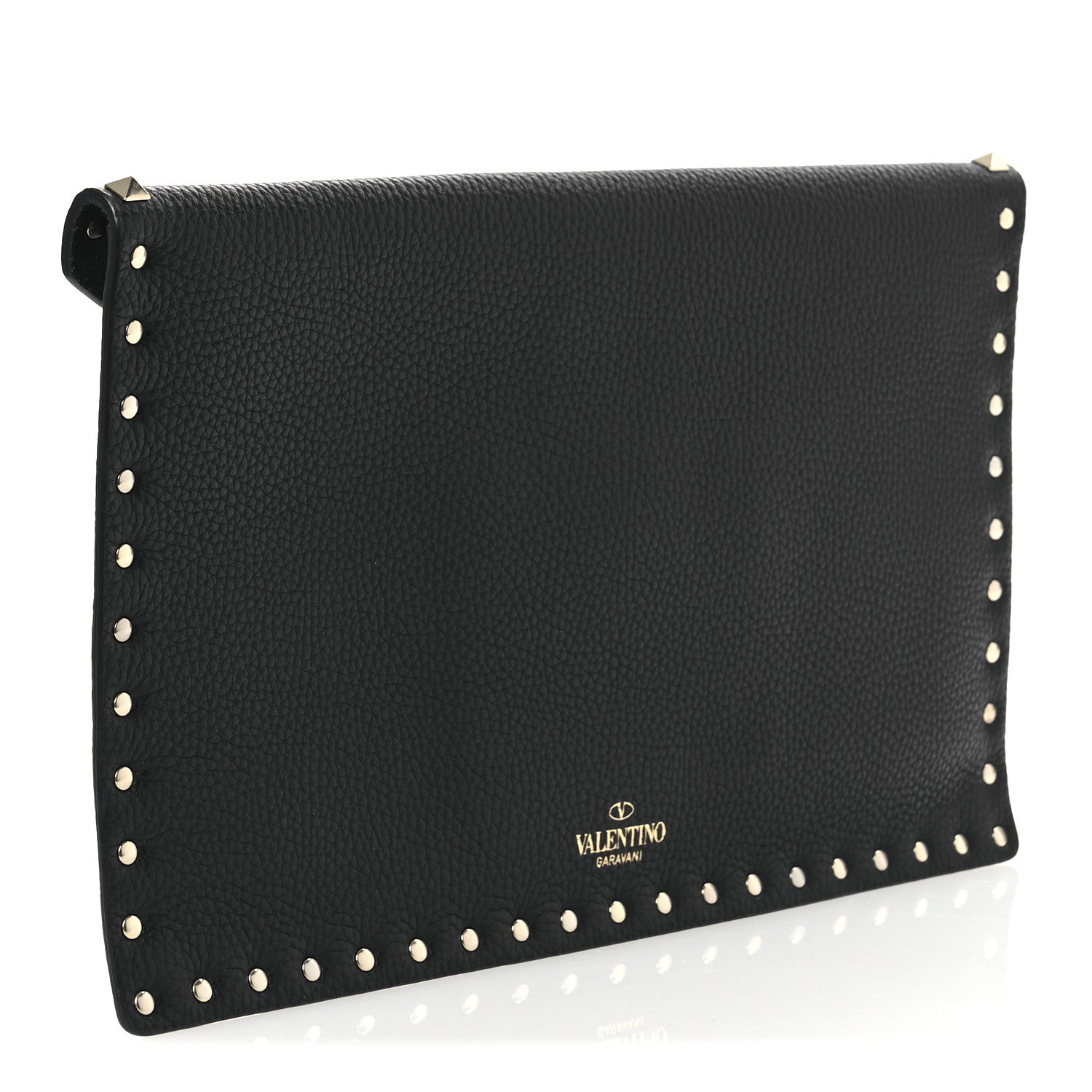 Pebbled Calfskin Large Rockstud Envelope Clutch Black