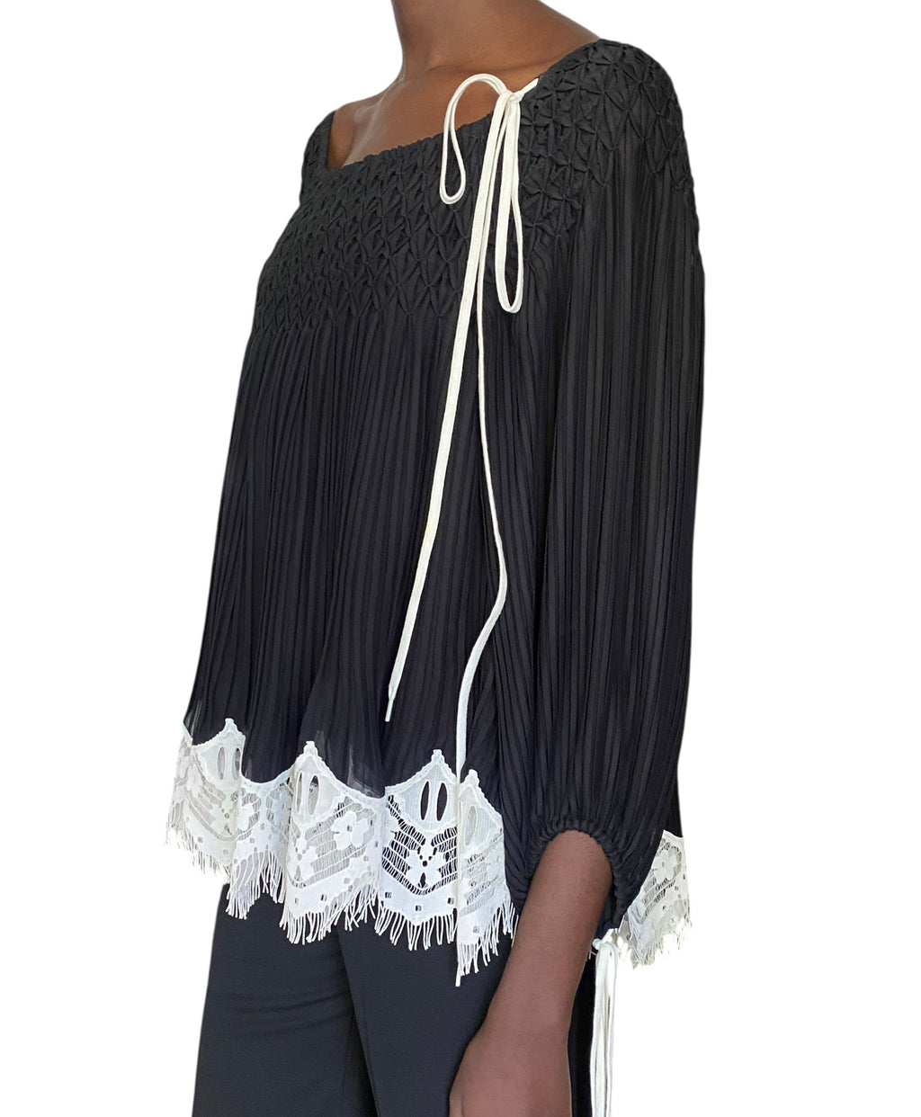 Chloé Black Boho Smock Lace Trim Long Sleeve Blouse - 38