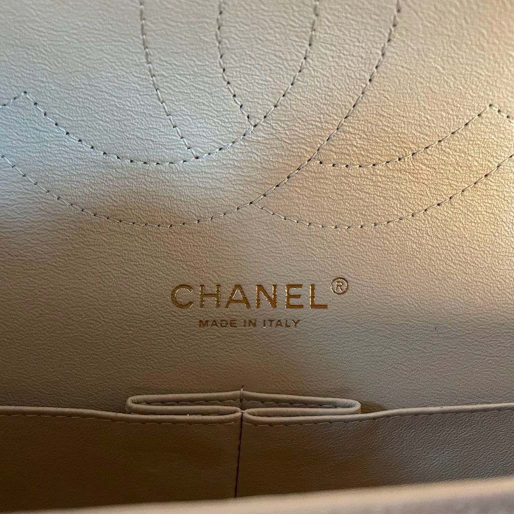 Chanel Classic Double Flap Bag Jumbo in Beige Quilted Caviar Leather with Gold Hardware