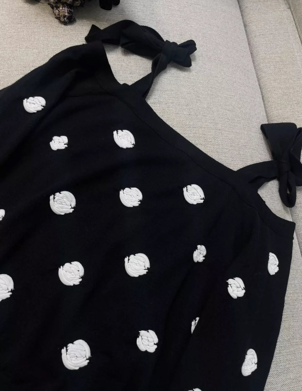 CHANEL 23K CAMÉLIA OFF SHOULDER TIE TOP