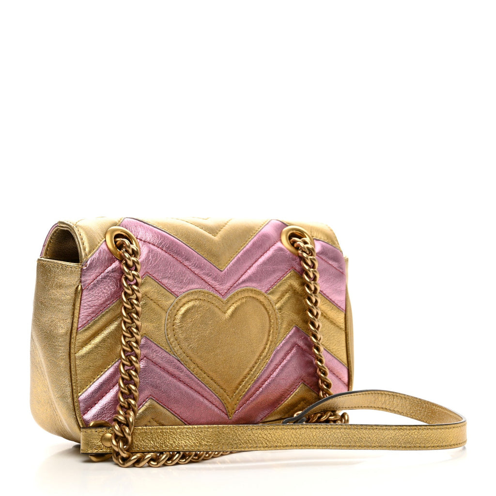 Metallic Calfskin Matelasse Mini GG Marmont Shoulder Bag Gold Pink