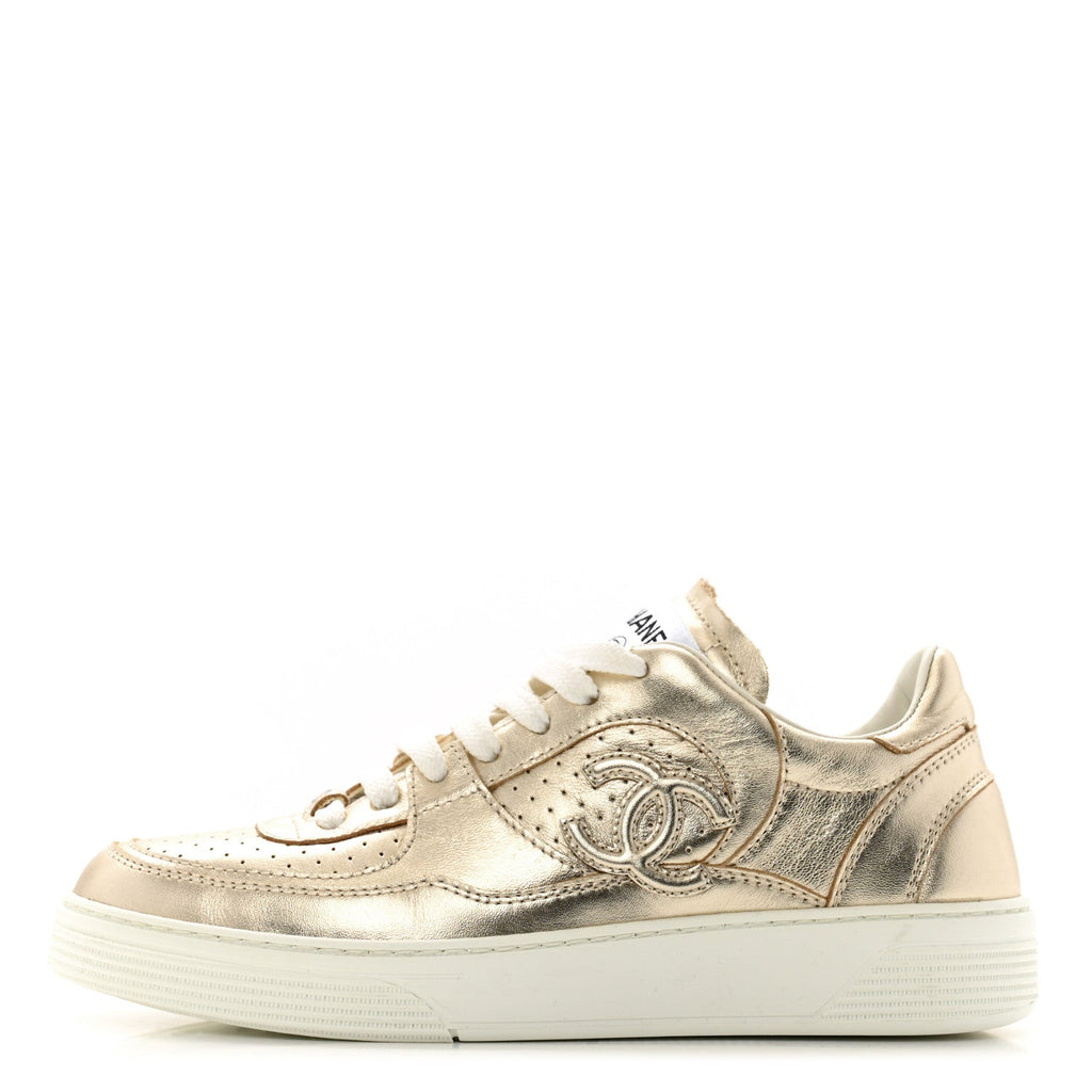 Laminated Calfskin CC Womens Sneakers 36.5 Golden