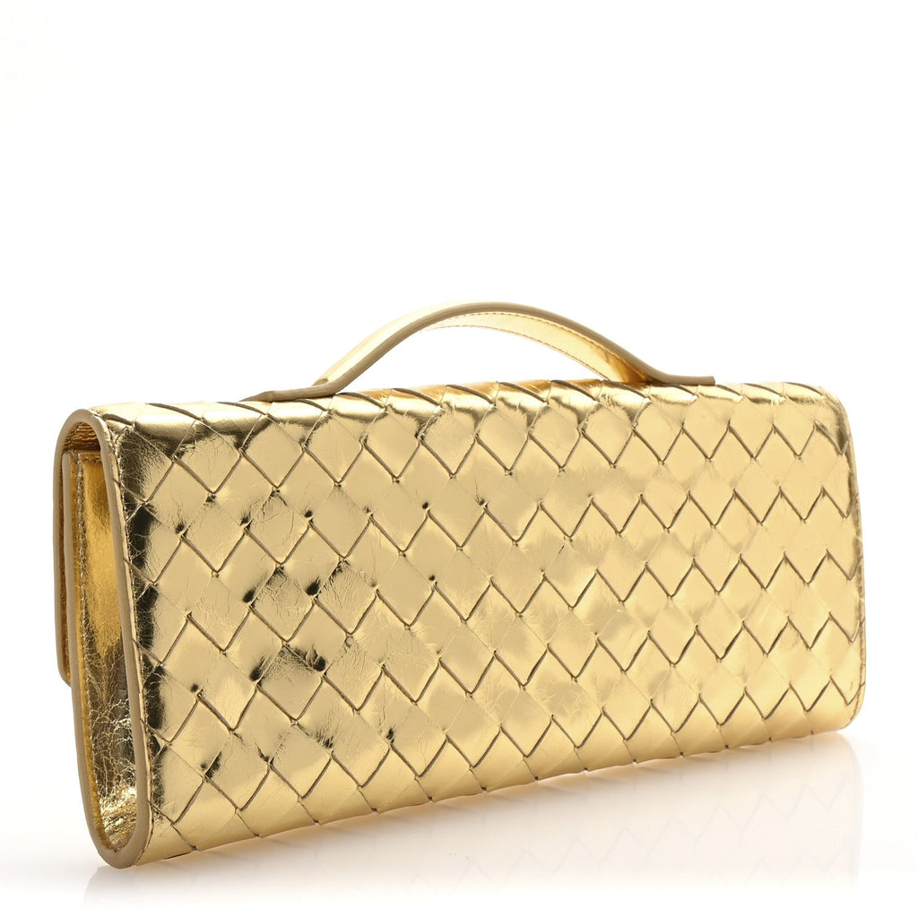 Metallic Lambskin Intrecciato Long Andiamo Top Handle Clutch Gold