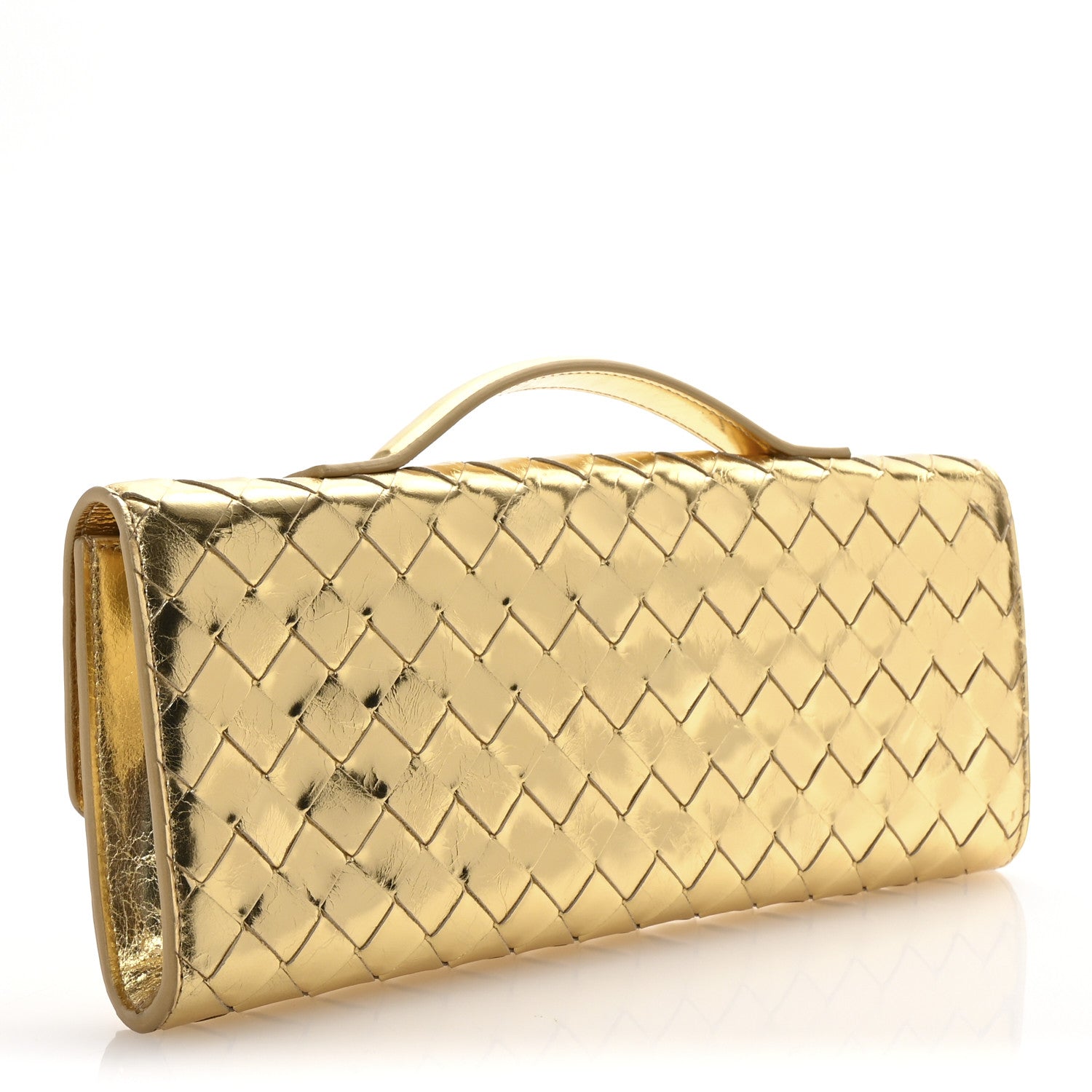 Metallic Lambskin Intrecciato Long Andiamo Top Handle Clutch Gold