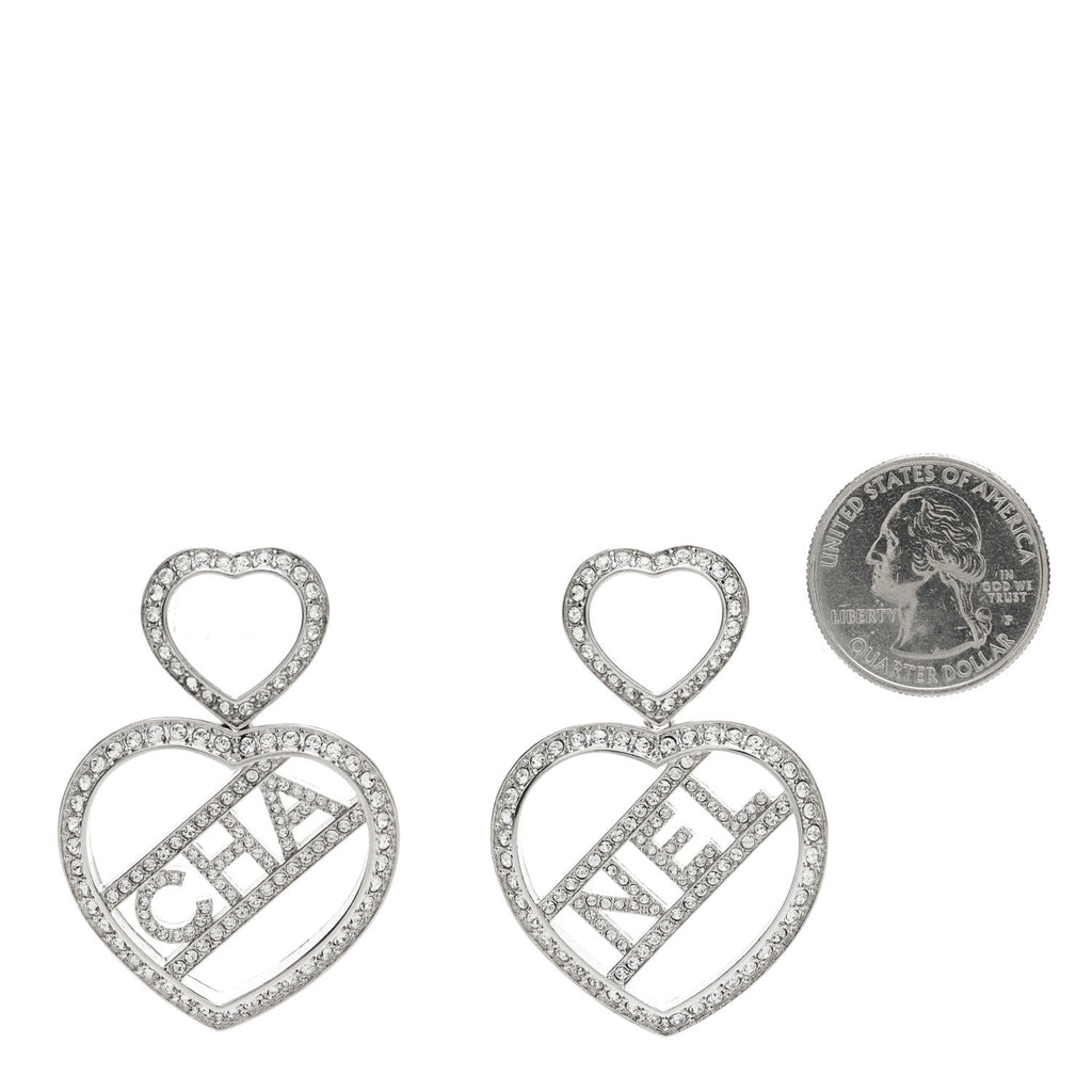 Crystal Metal CC Heart Drop Earrings Silver