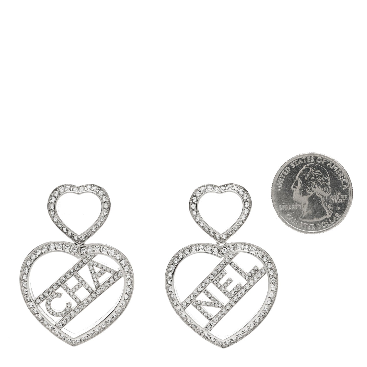 Crystal Metal CC Heart Drop Earrings Silver
