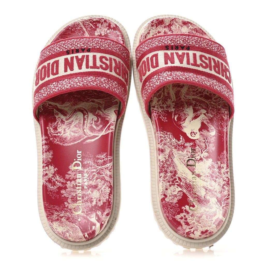 Canvas Toile de Jouy Embroidered Dway 10mm Slide Sandals 36.5 Off White Raspberry