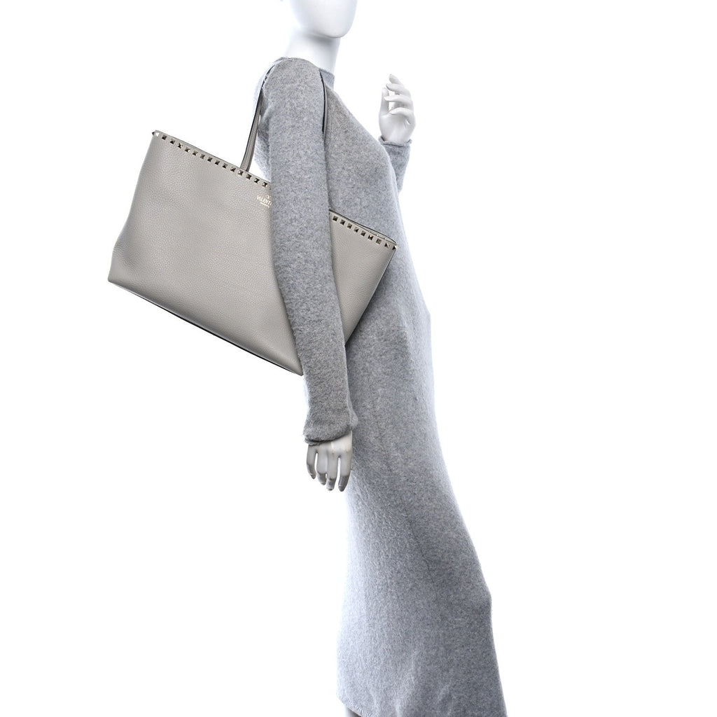 Grained Calfskin Rockstud Shoulder Tote Opal Grey