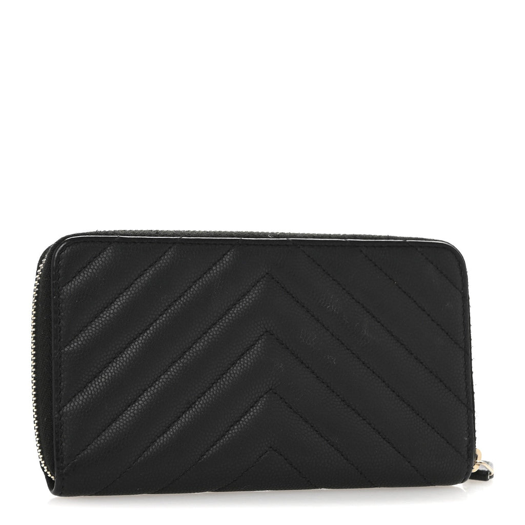 Caviar Chevron Quilted Medium Zip Around Wallet Black