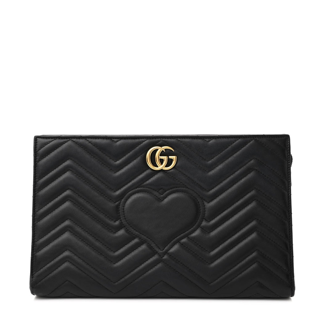 Calfskin Matelasse Chevron Heart GG Marmont Clutch Black
