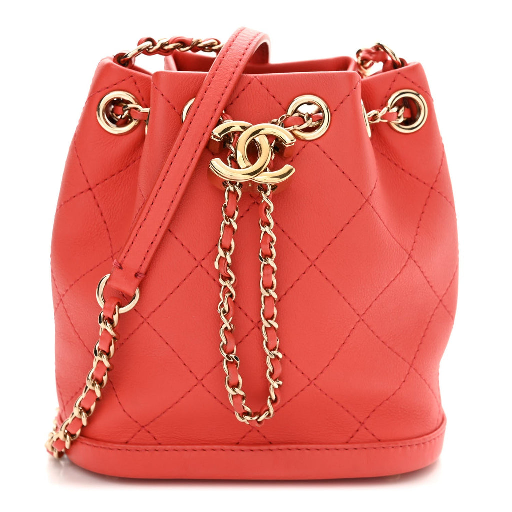Calfskin Stitched Mini Drawstring CC Bag Red