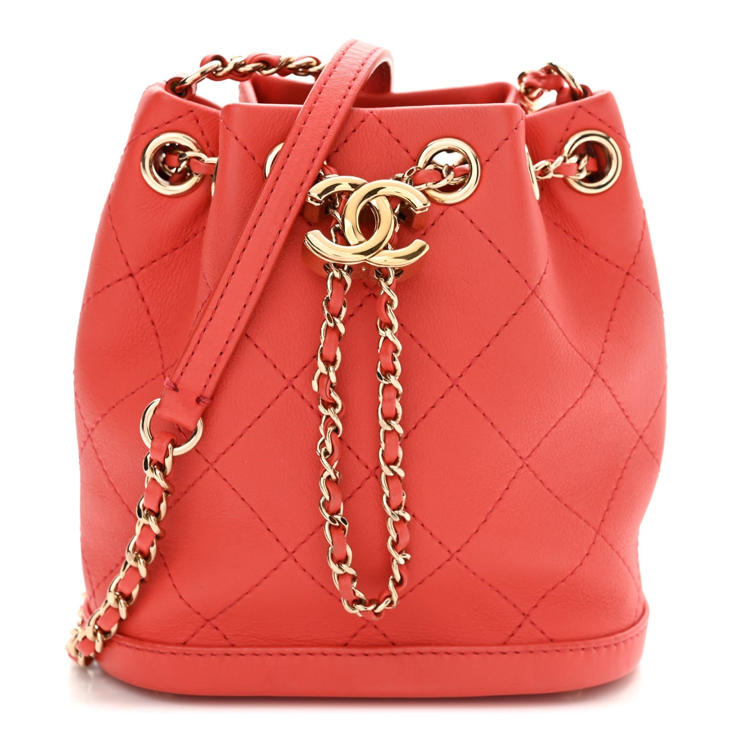 Calfskin Stitched Mini Drawstring CC Bag Red