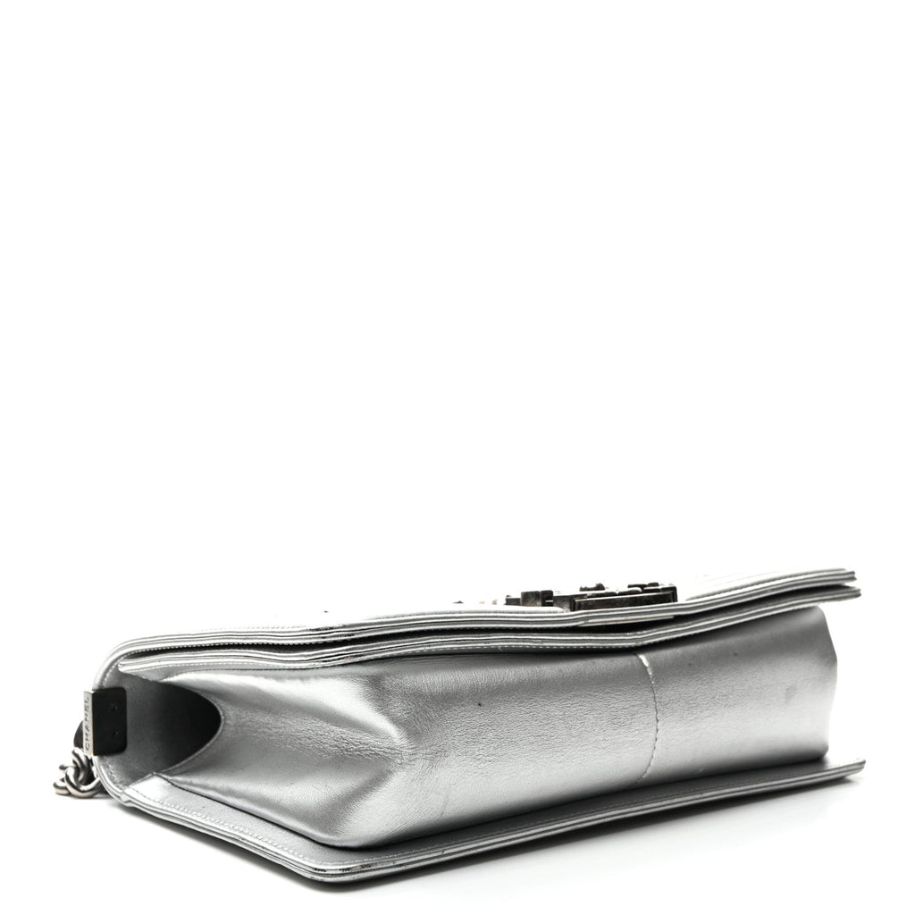 Metallic Lambskin Embellished Medium Boy Flap Silver