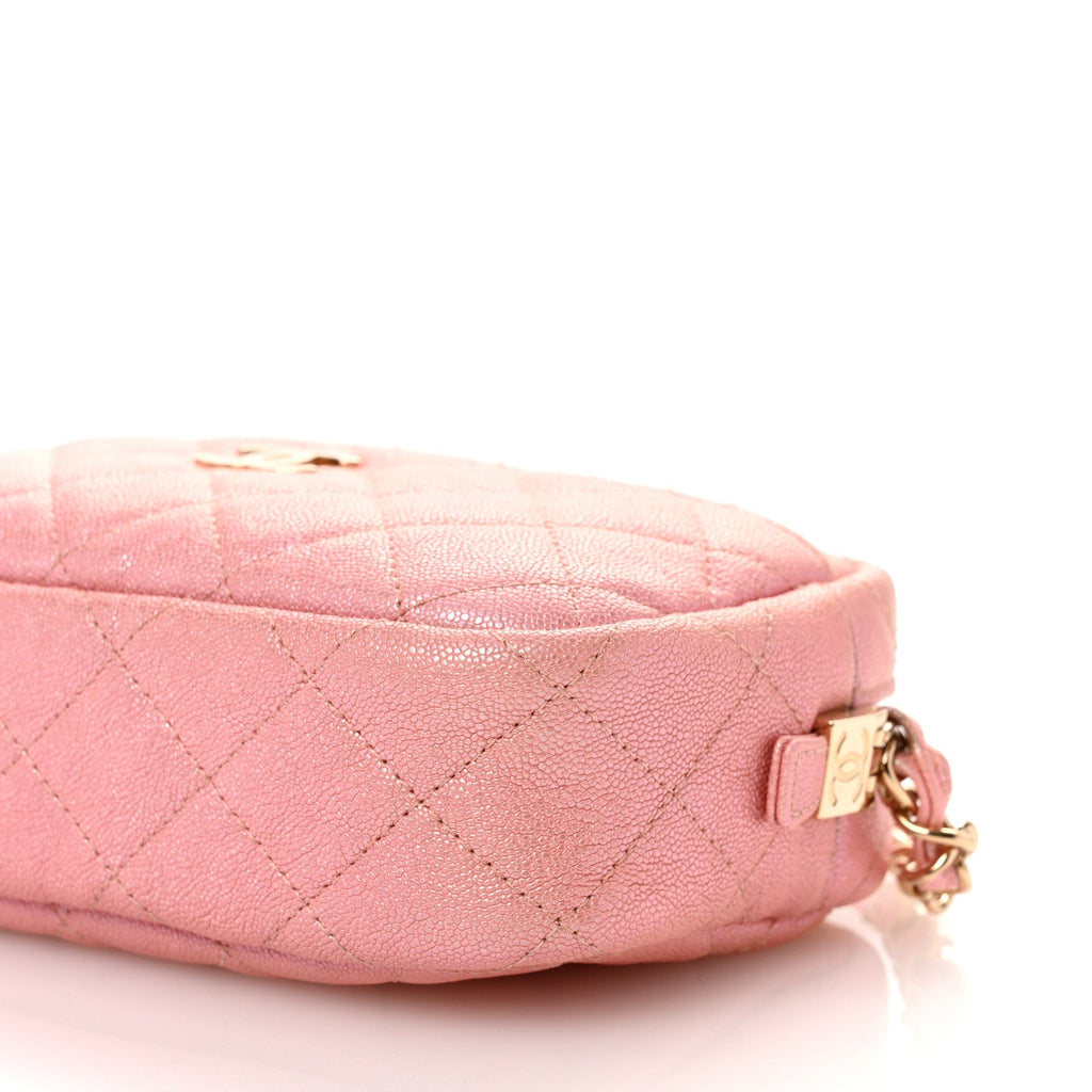 Iridescent Caviar Quilted Small Timeless Camera Case Pink