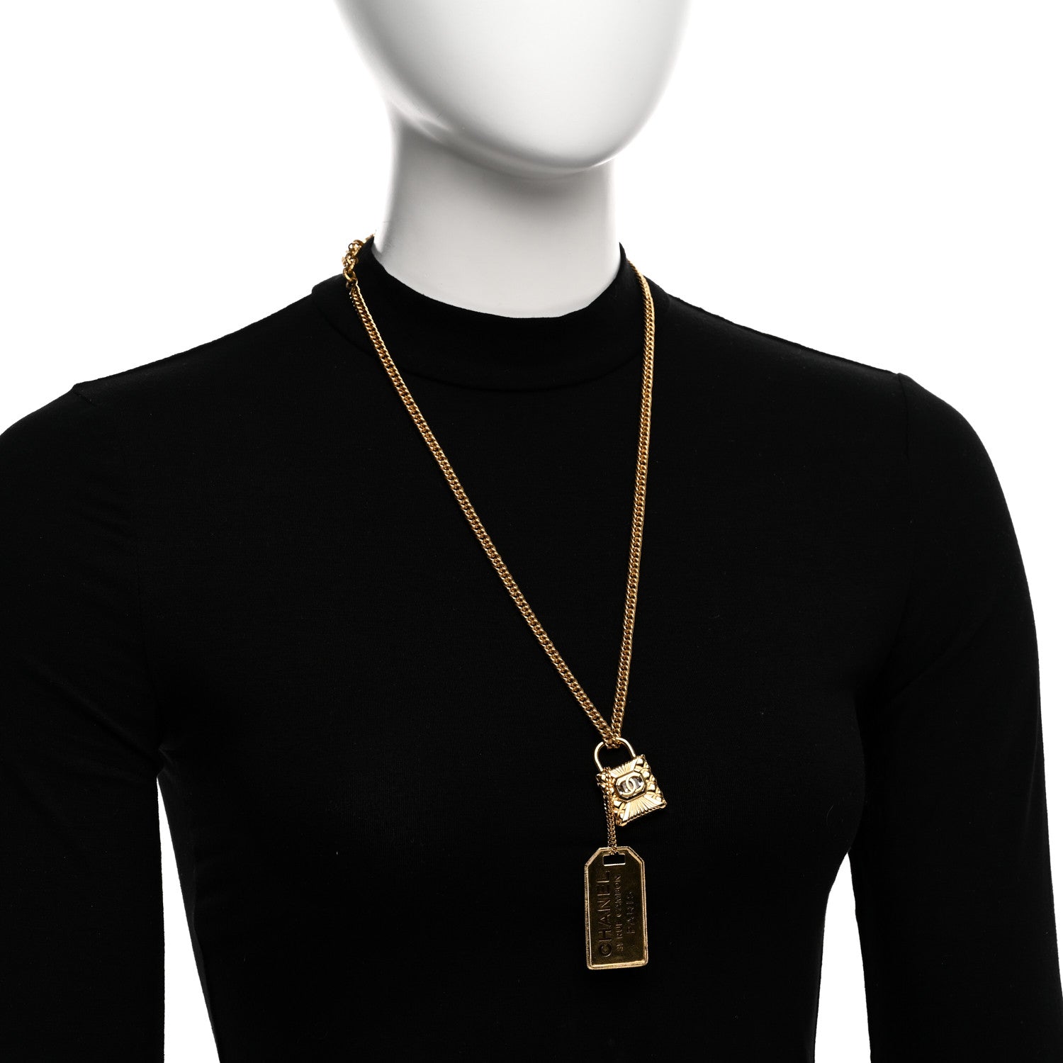CC Padlock ID Dog Tag Charm Necklace Gold