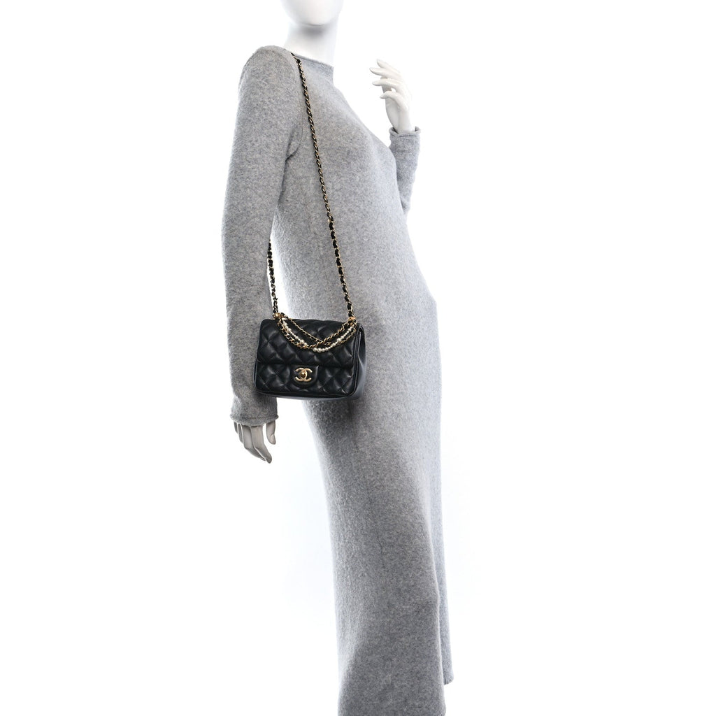 Shiny Lambskin Quilted Pearl Twist Mini Square Flap Black