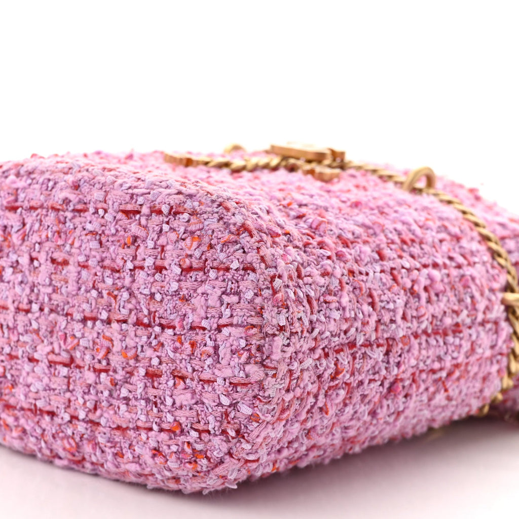 Tweed Enamel Quilted Pending CC Bucket Drawstring Bag Pink Purple