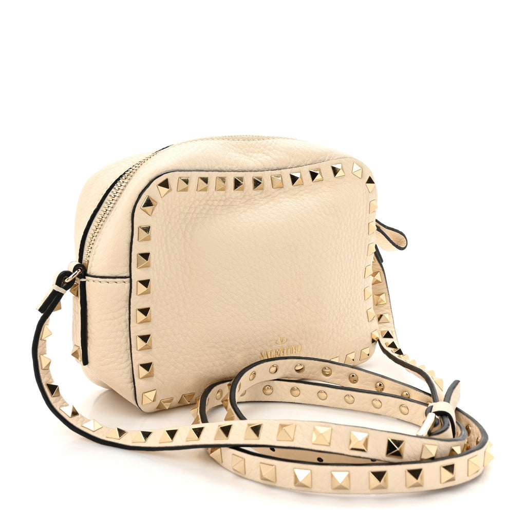 Grained Calfskin Rockstud Camera Crossbody Bag Ivory