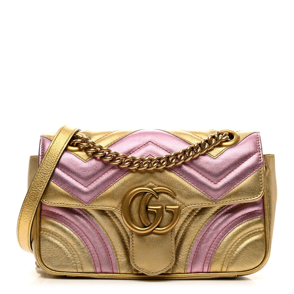 Metallic Calfskin Matelasse Mini GG Marmont Shoulder Bag Gold Pink