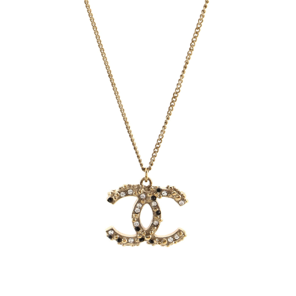 CC Long Pendant Necklace Crystal Embellished Metal and Enamel