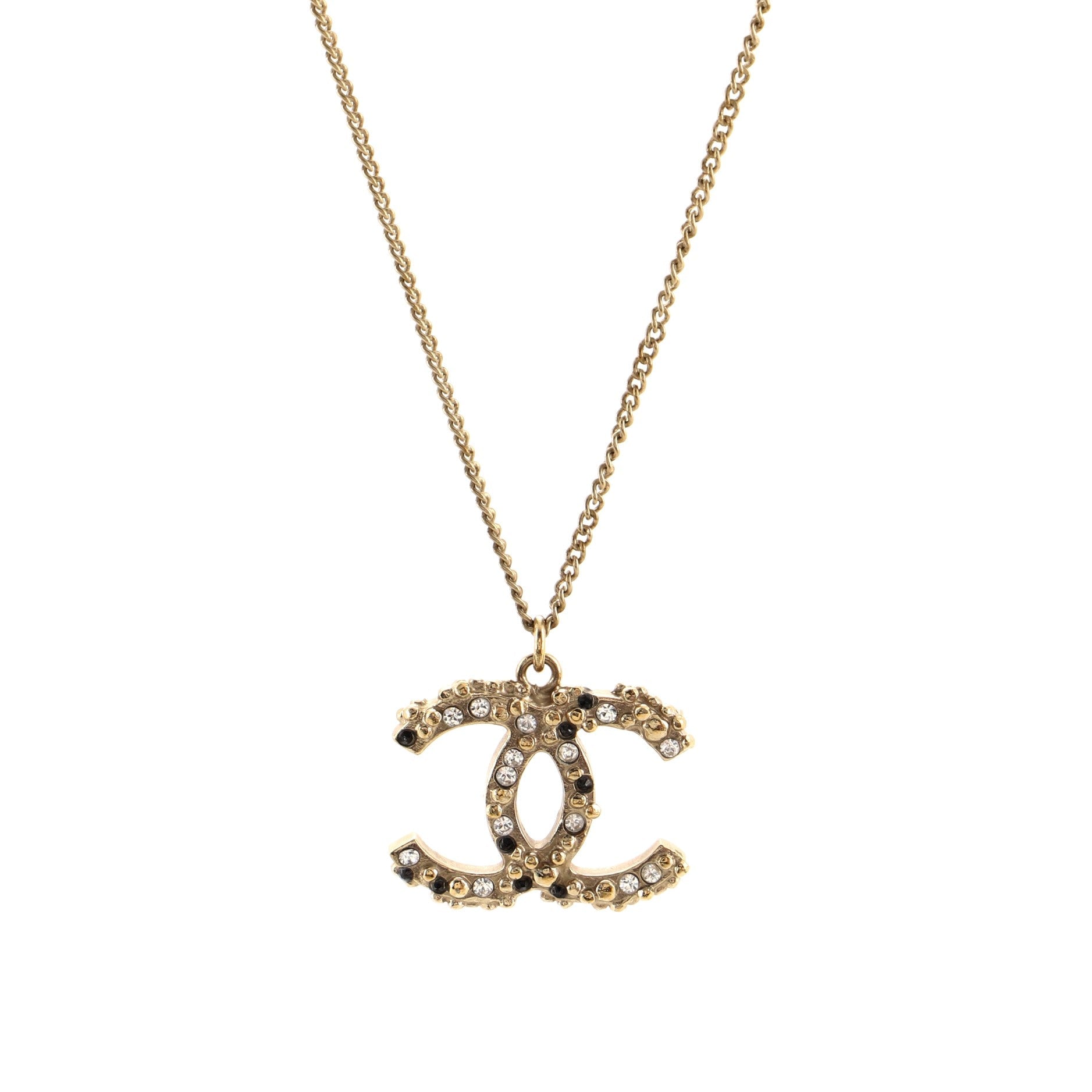 CC Long Pendant Necklace Crystal Embellished Metal and Enamel