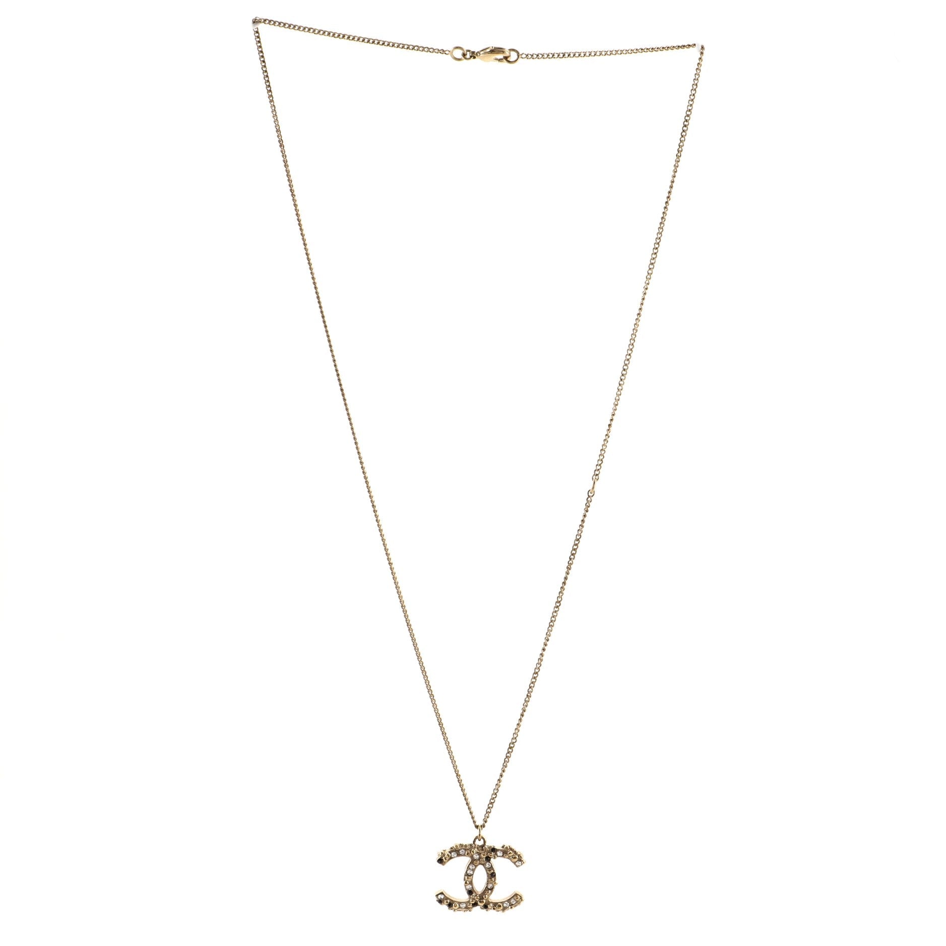 CC Long Pendant Necklace Crystal Embellished Metal and Enamel