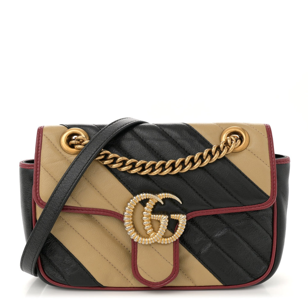 Vintage Effect Calfskin Matelasse Diagonal Striped Mini Torchon GG Marmont Shoulder Bag Black Beige