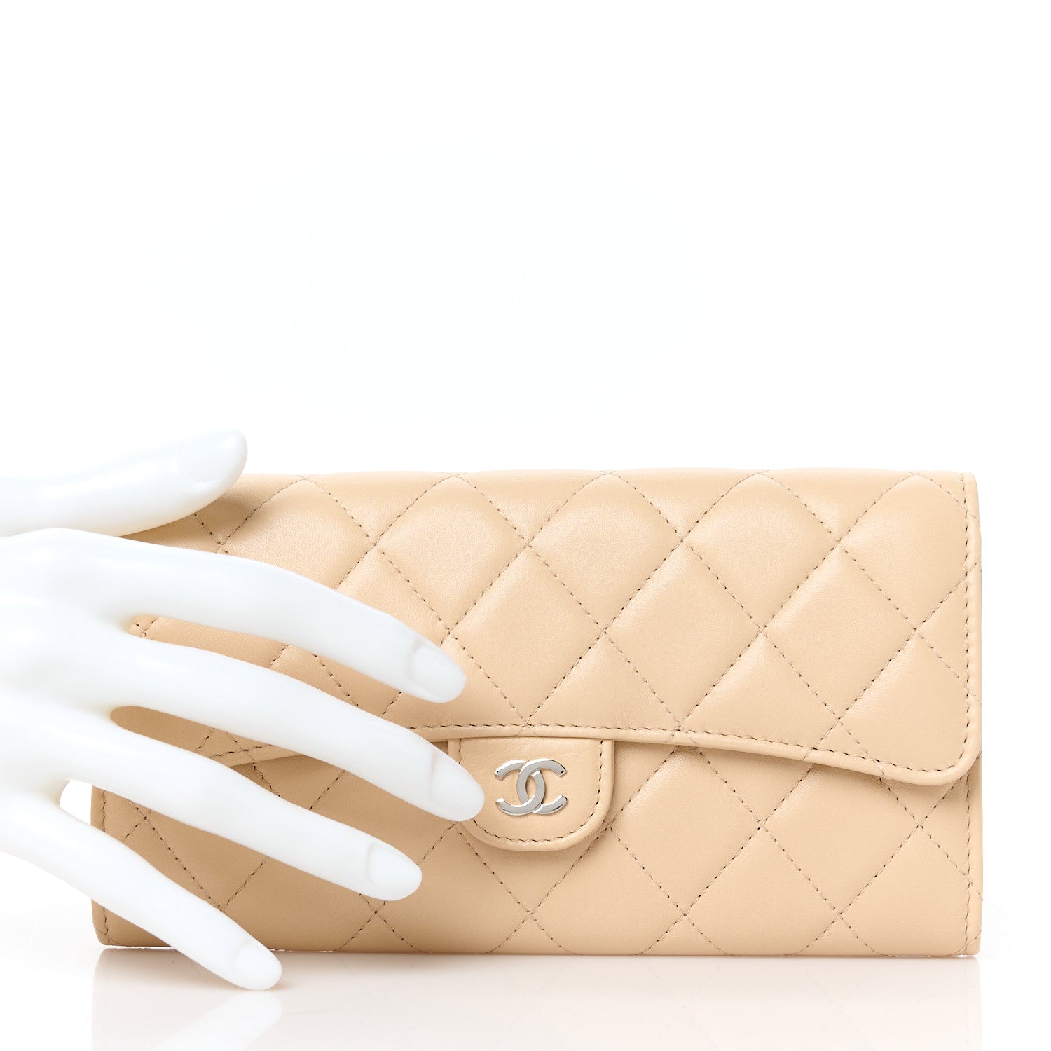 Lambskin Quilted CC Large Gusset Flap Wallet Beige