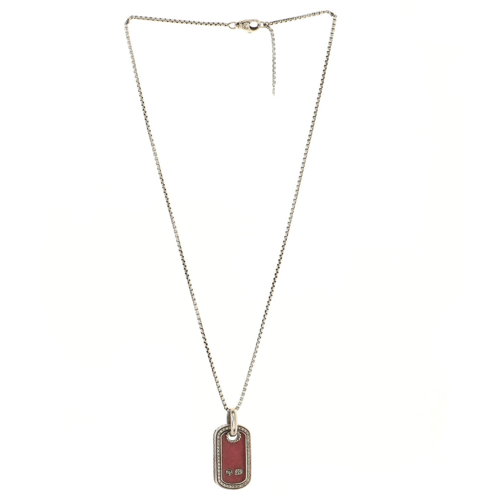 Dog Tag Pendant Necklace Sterling Silver with Rhodonite and Diamonds