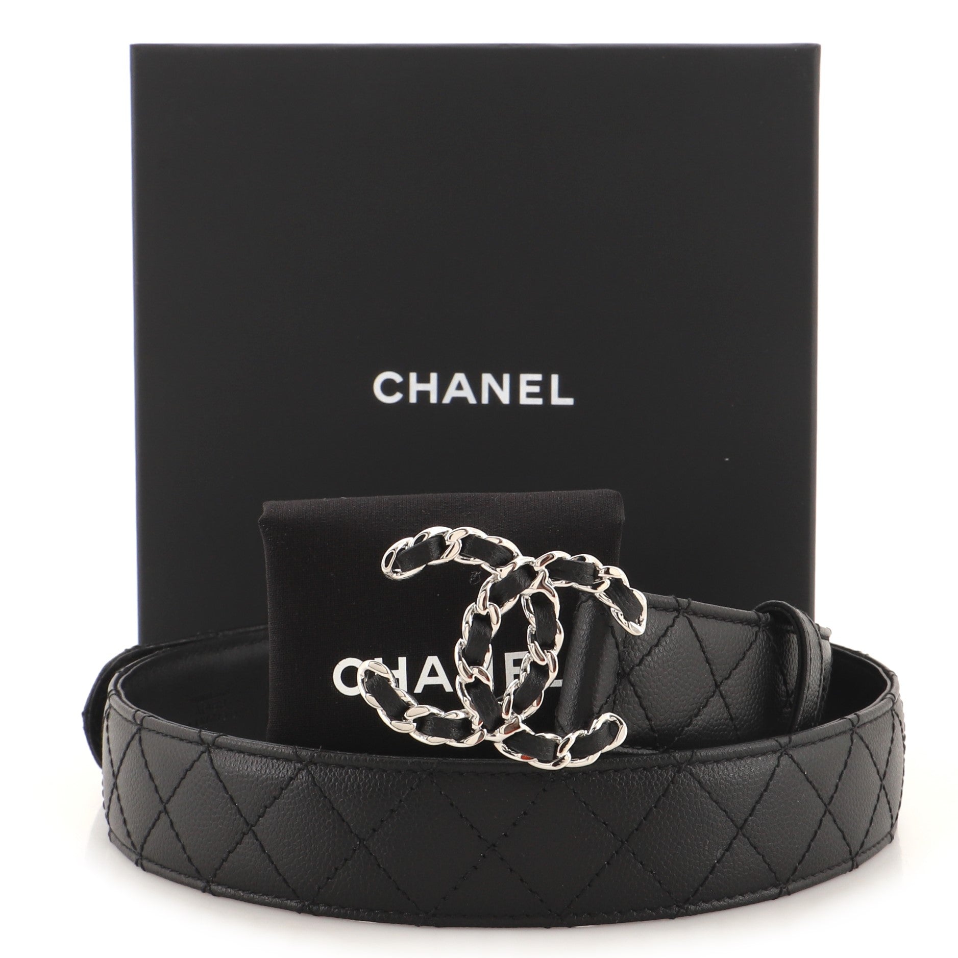 Woven Chain CC Buckle Belt Quilted Caviar Medium 80